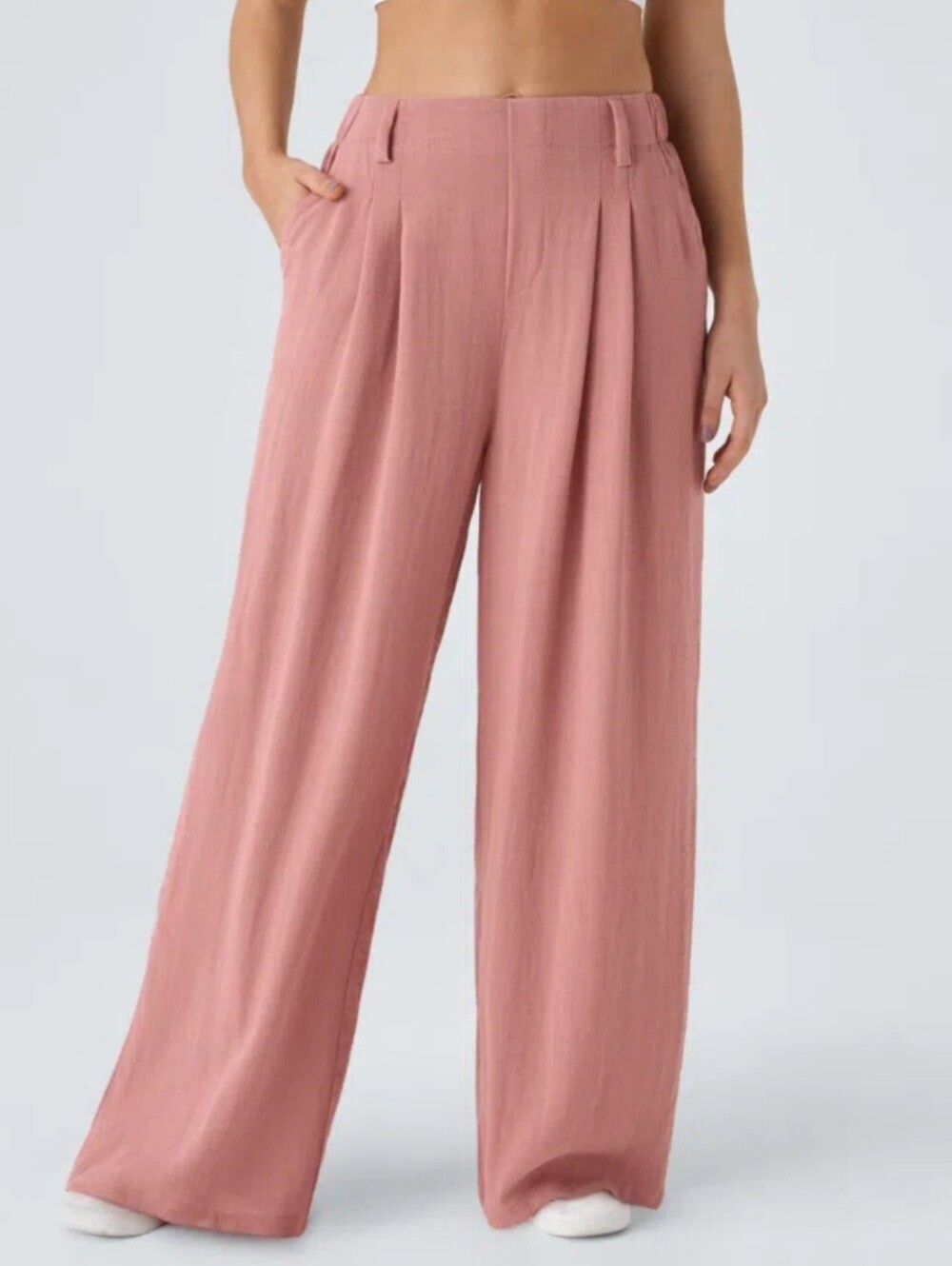 High Waisted Pocket Wide Leg Flowy Solid Palazzo Casual Linen-Feel Pants